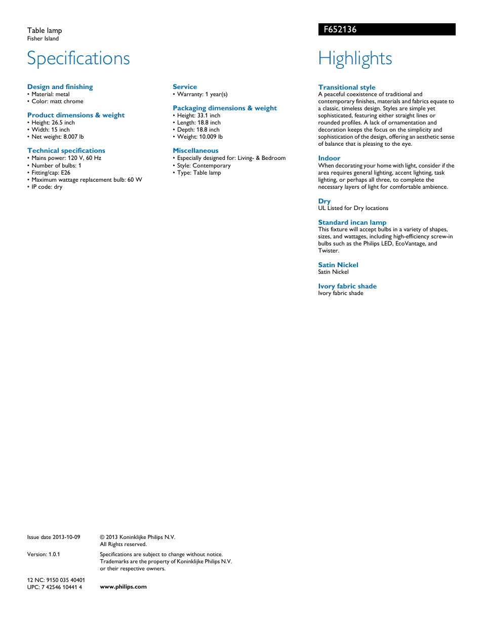 Specifications, Highlights | Philips F652136 User Manual | Page 2 / 2