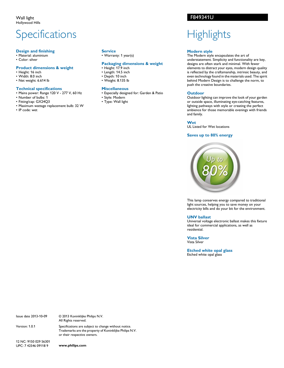 Specifications, Highlights | Philips F849341U User Manual | Page 2 / 2