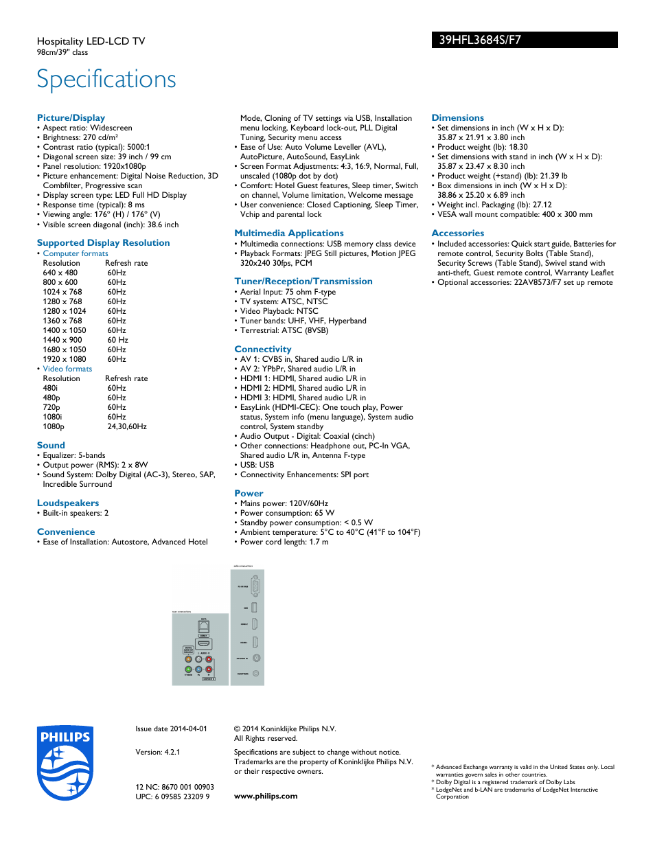 Specifications | Philips 39HFL3684S-F7 User Manual | Page 3 / 3
