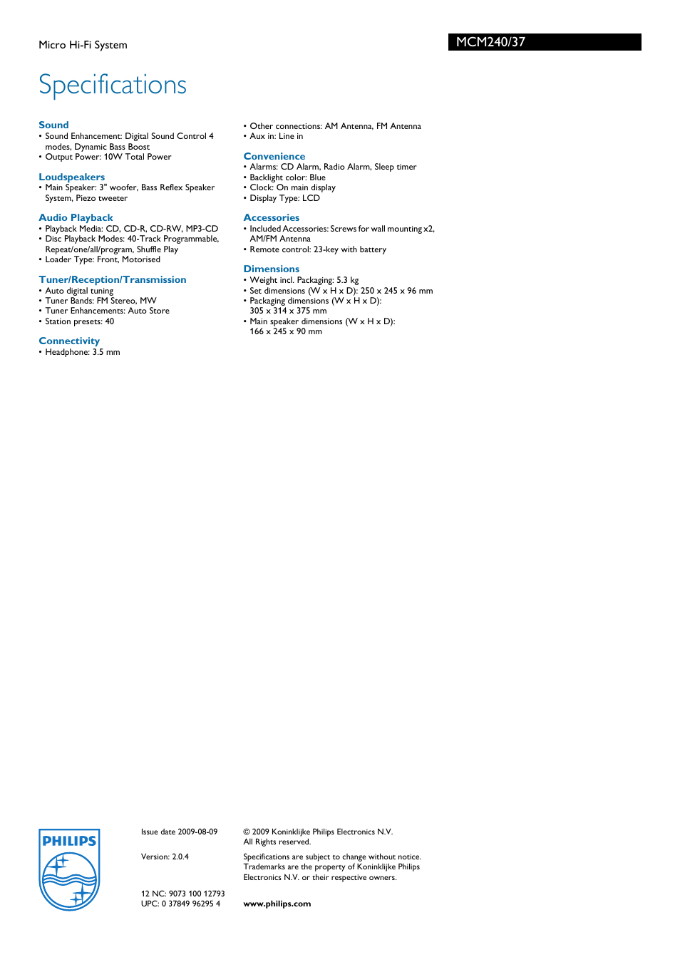 Specifications | Philips MCM240-37B User Manual | Page 3 / 3