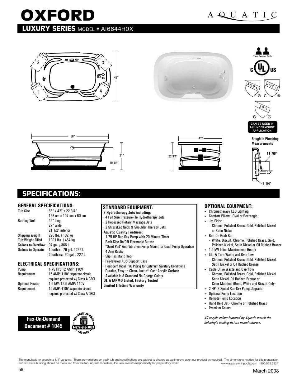 Aquatic Oxford Luxury Series AI6644H0X User Manual | 1 page