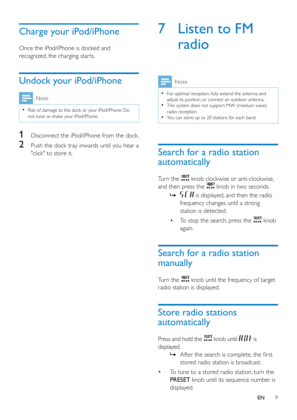 5 set the clock, Charge your ipod/iphone, Undock your ipod/iphone | 7 listen to fm radio, Search for a radio station automatically 9, Search for a radio station manually, Store radio stations automatically, Search for a radio station automatically | Philips Original radio ORD7100R with 30-pin connector for iPod-iPhone FM 10W User Manual | Page 11 / 20
