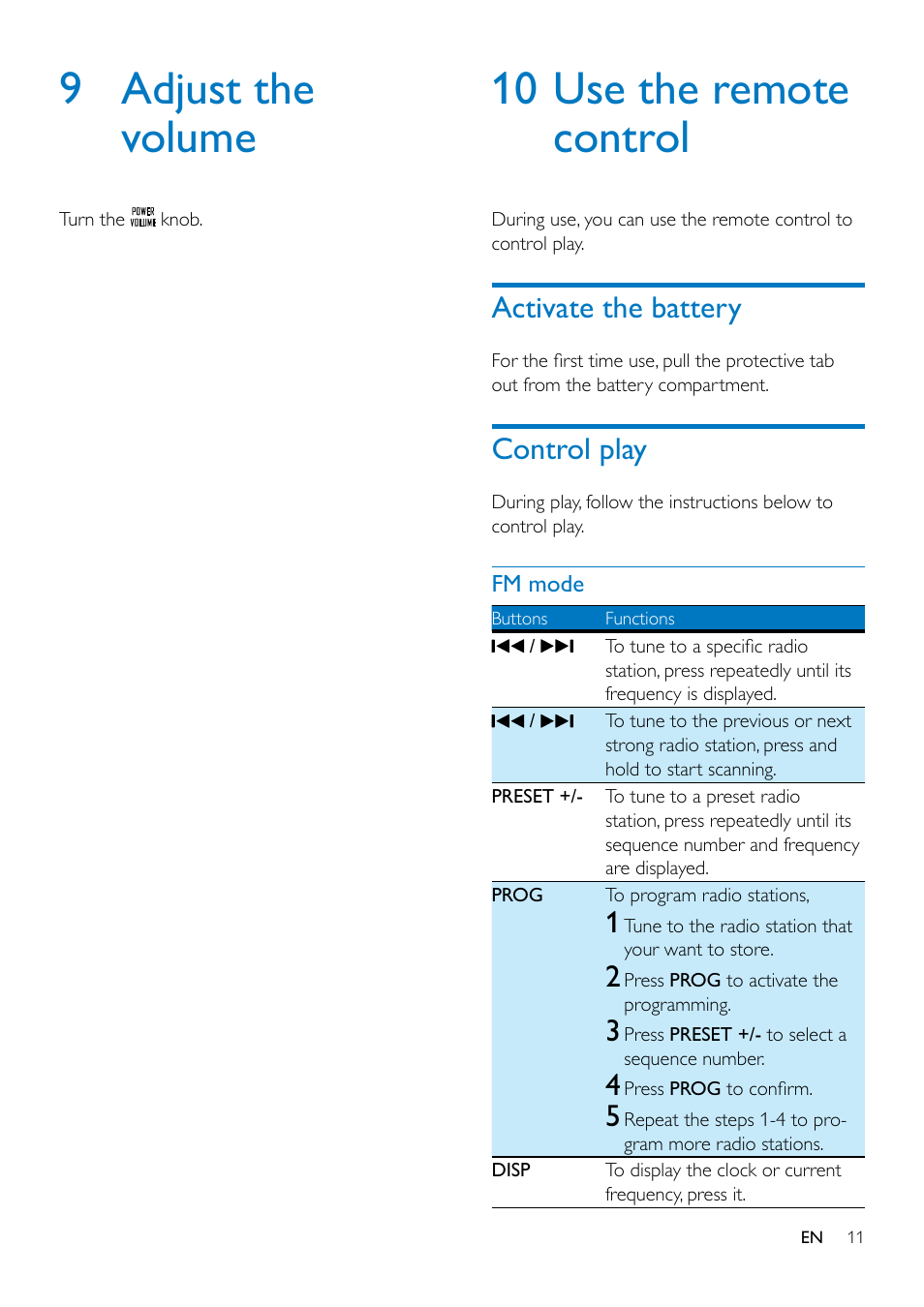 Charge your ipod/iphone, Undock your ipod/iphone, 9 adjust the volume | 10 use the remote control, Activate the battery, Control play | Philips Original radio ORD7100R with 30-pin connector for iPod-iPhone FM 10W User Manual | Page 13 / 20