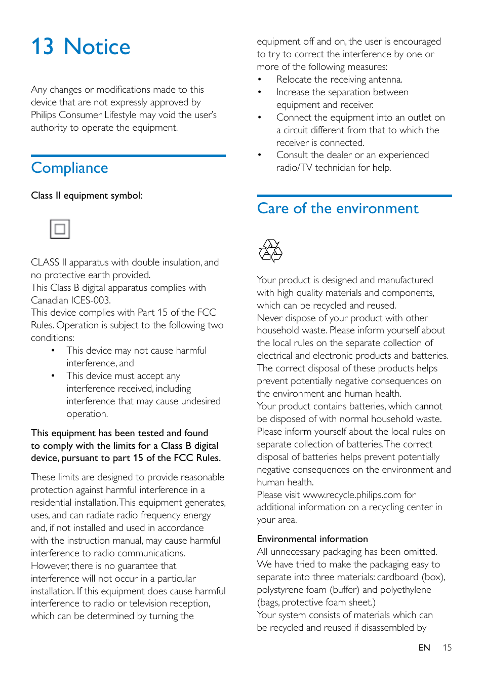 10 use the remote control, Activate the battery, Control play | Fm mode, Dock mode, Volume, 13 notice, Compliance 15, Care of the environment, Compliance | Philips Original radio ORD7100R with 30-pin connector for iPod-iPhone FM 10W User Manual | Page 17 / 20