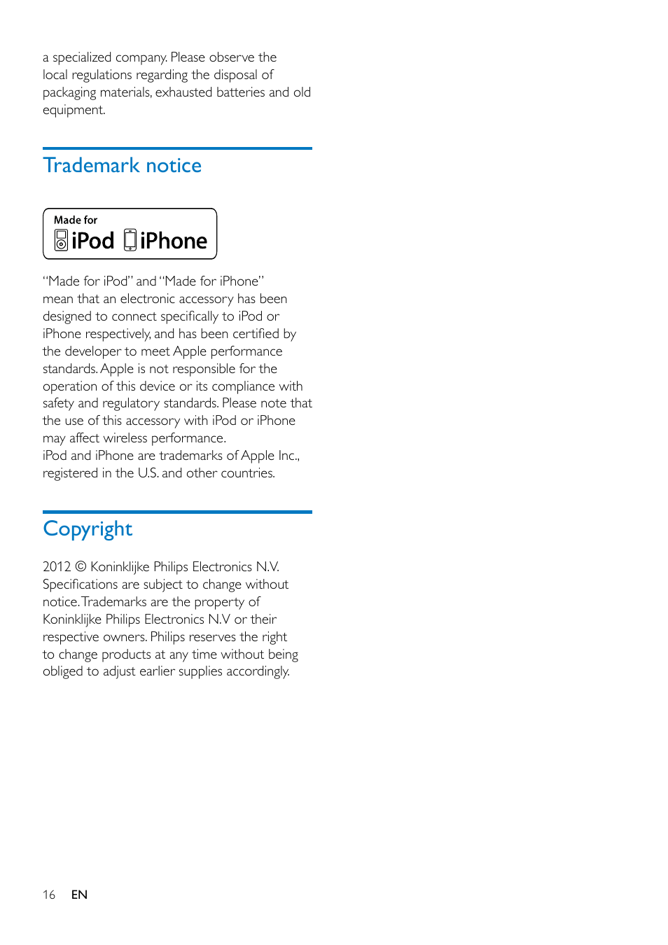 Replace the battery, Trademark notice, Copyright 16 | Copyright | Philips Original radio ORD7100R with 30-pin connector for iPod-iPhone FM 10W User Manual | Page 18 / 20