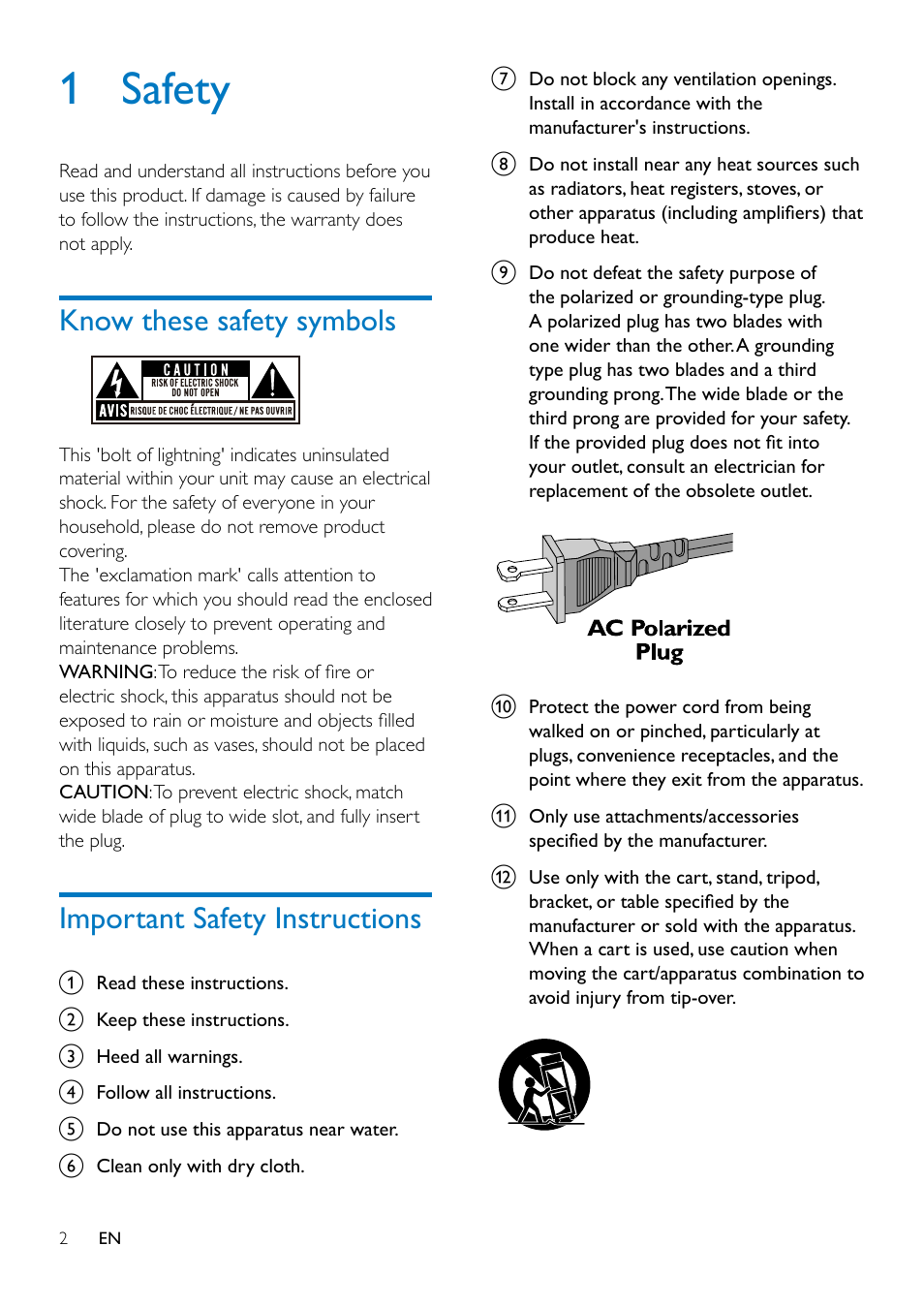 1 safety, Know these safety symbols, Important safety instructions | Philips Original radio ORD7100R with 30-pin connector for iPod-iPhone FM 10W User Manual | Page 4 / 20