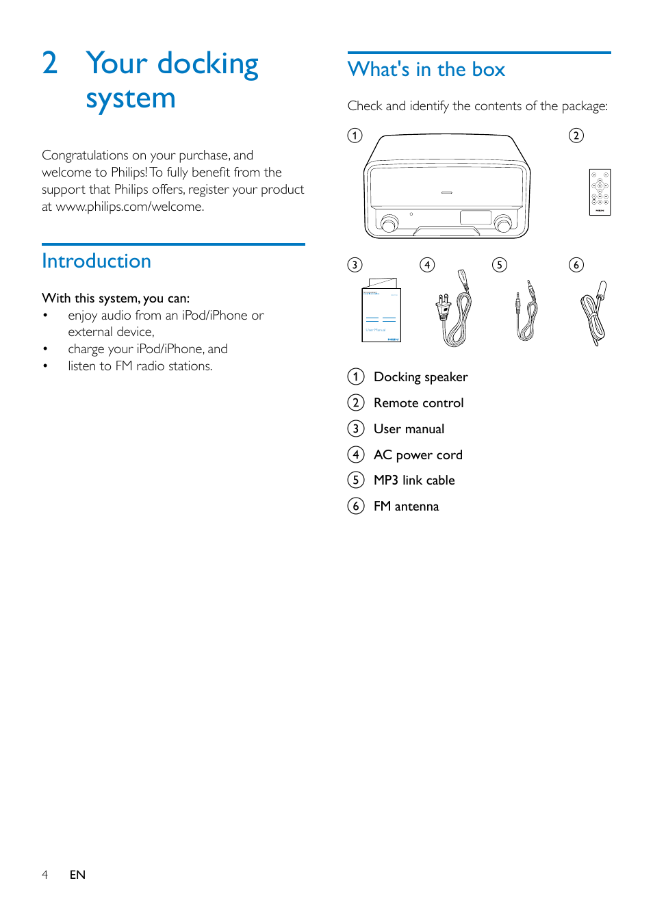 2 your docking system, Introduction, What's in the box | Introduction 4 | Philips Original radio ORD7100R with 30-pin connector for iPod-iPhone FM 10W User Manual | Page 6 / 20