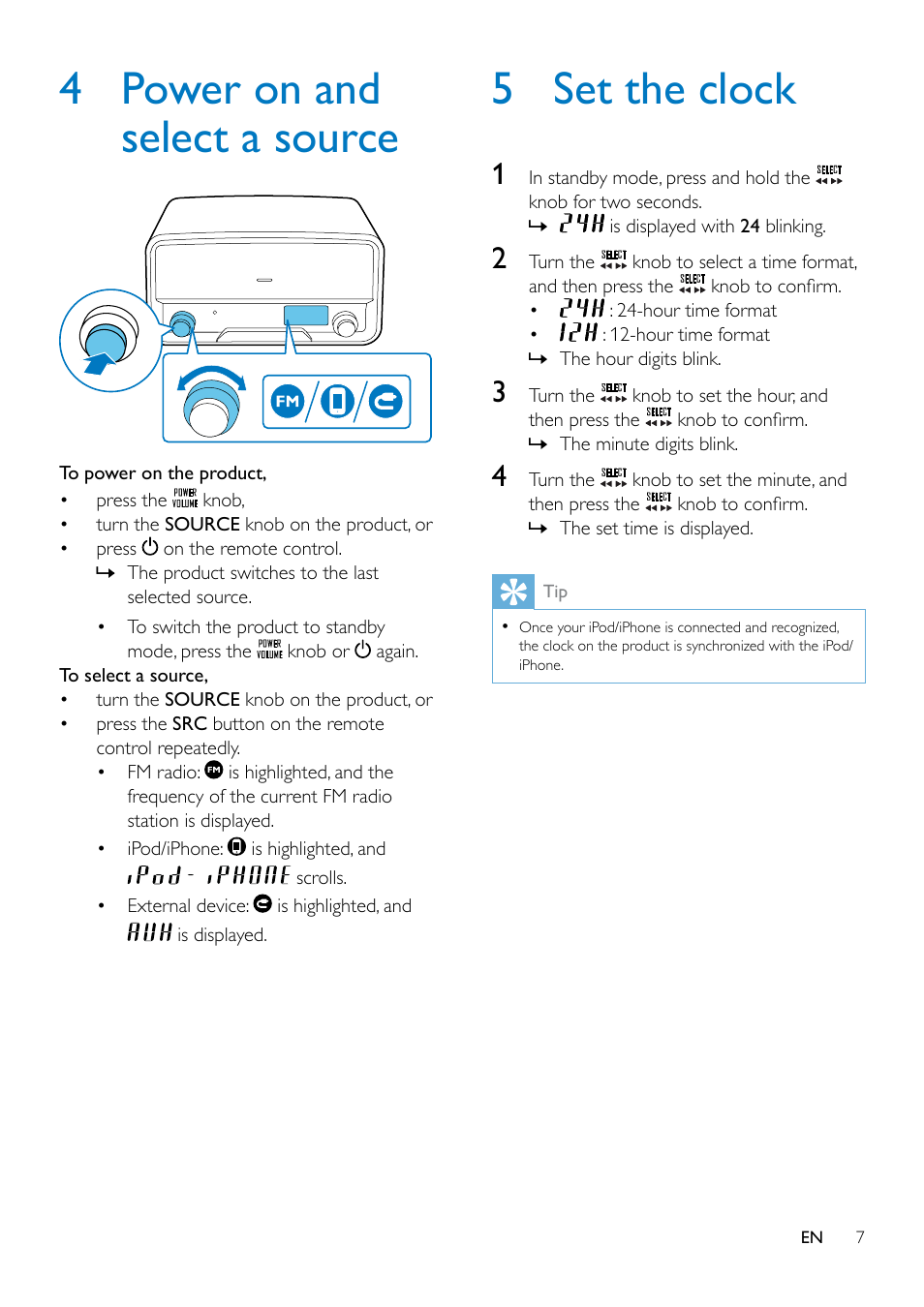 3 connect the fm antenna and power cord, 4 power on and select a source, 5 set the clock | Philips Original radio ORD7100R with 30-pin connector for iPod-iPhone FM 10W User Manual | Page 9 / 20