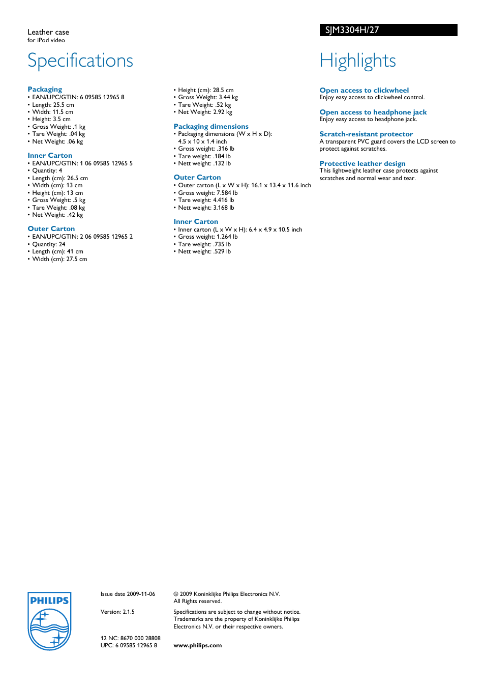 Specifications, Highlights | Philips SJM3304H-27 User Manual | Page 2 / 2