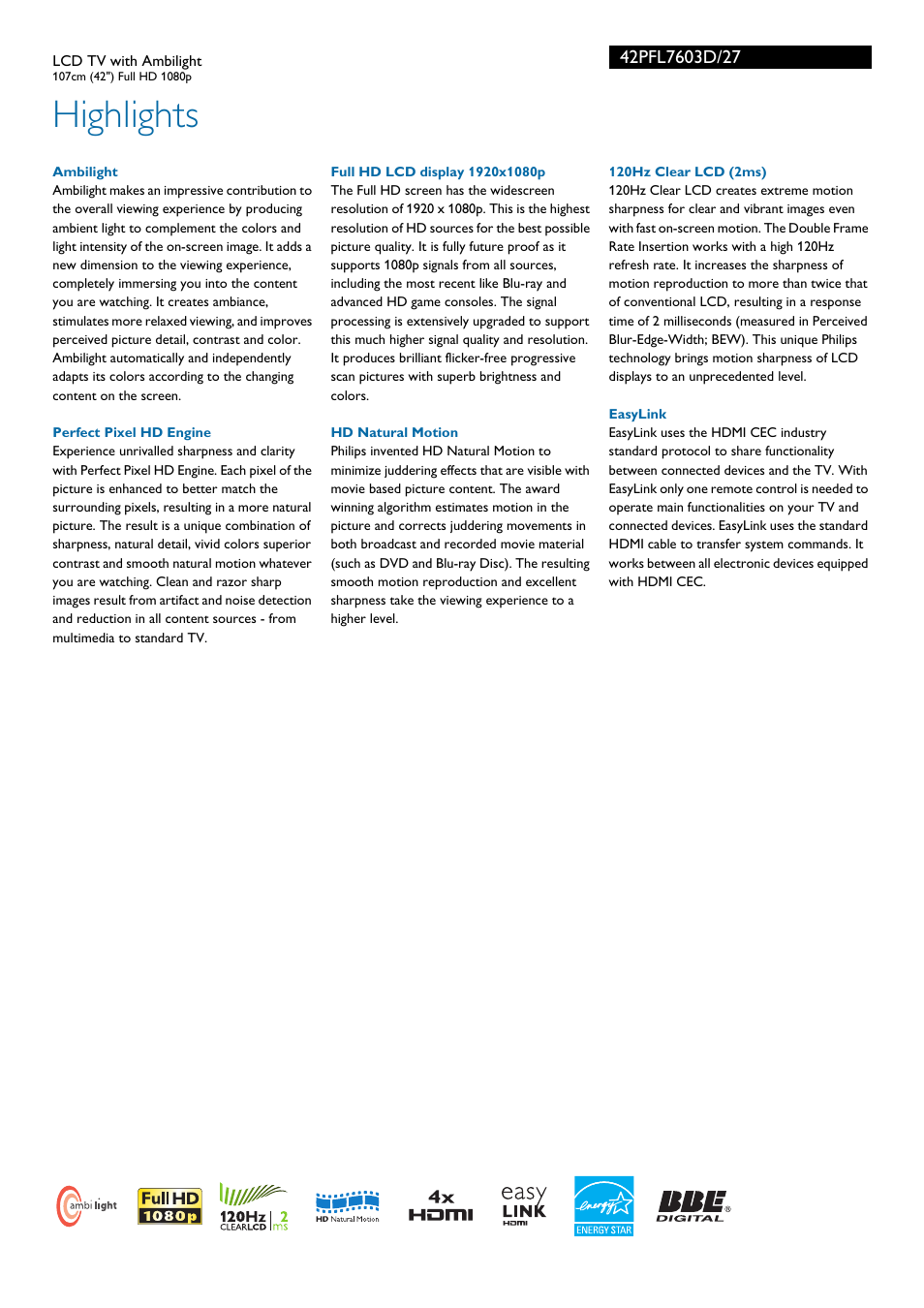 Highlights | Philips 42PFL7603D-27 User Manual | Page 2 / 3