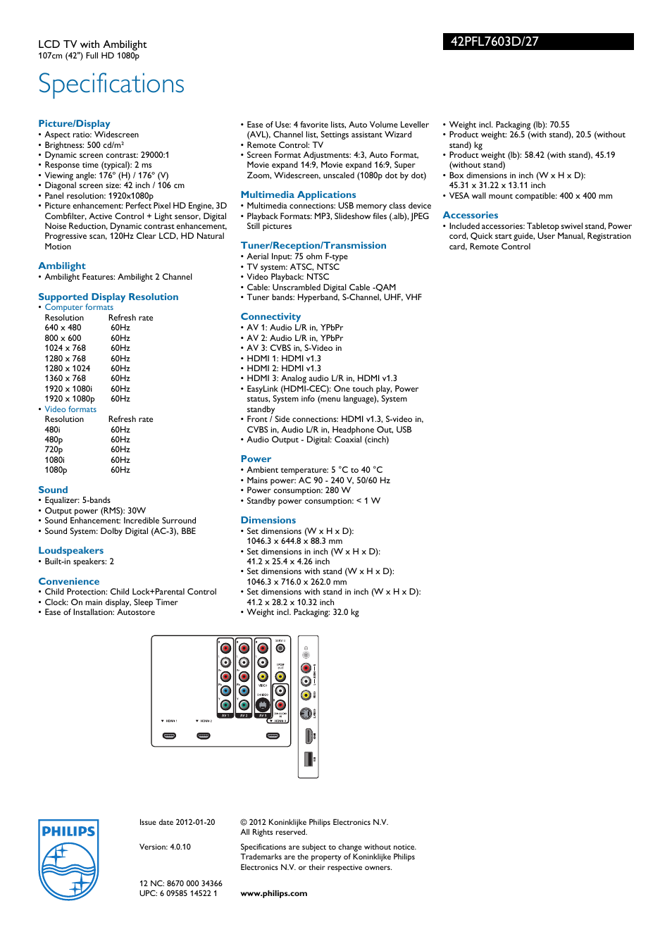 Specifications | Philips 42PFL7603D-27 User Manual | Page 3 / 3