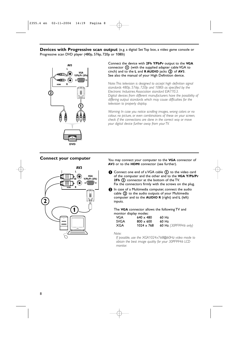 Devices with progressive scan output, Connect your computer | Philips 37PF9936-37 User Manual | Page 12 / 64