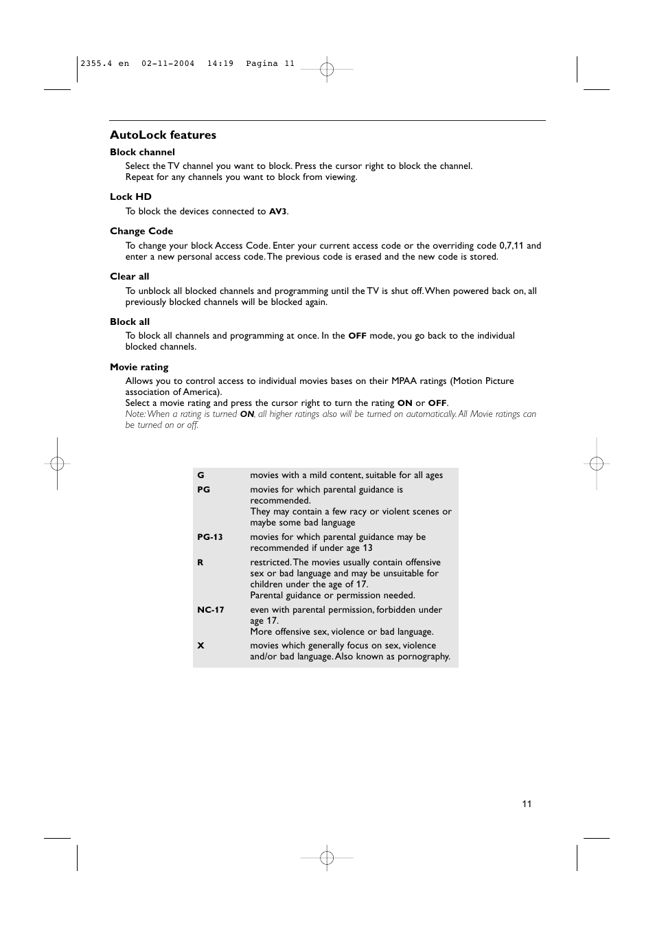 Autolock features | Philips 37PF9936-37 User Manual | Page 15 / 64