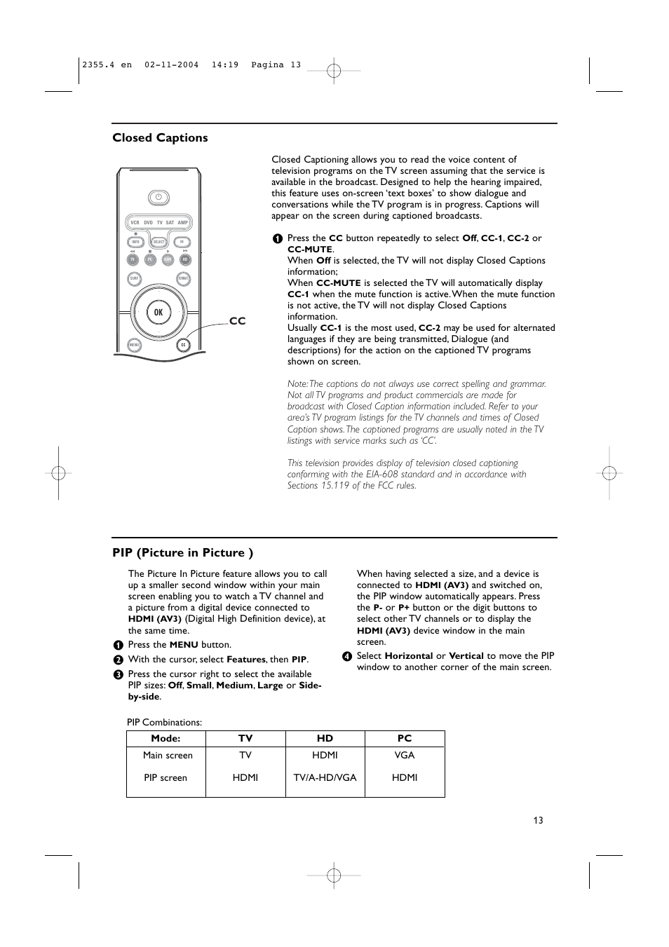 Closed captions, Pip (picture in picture ) | Philips 37PF9936-37 User Manual | Page 17 / 64