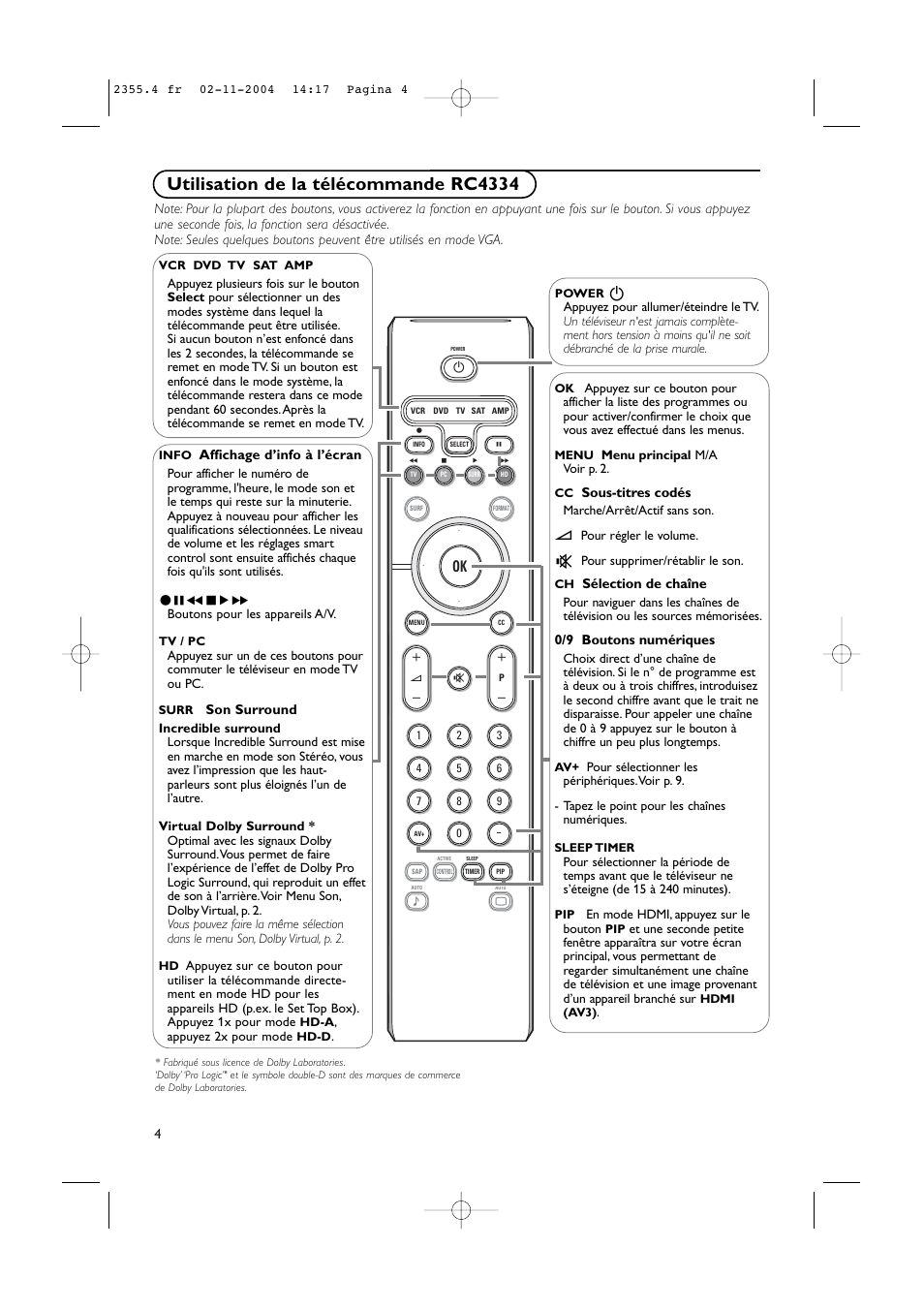 Utilisation de la télécommande rc4334 | Philips 37PF9936-37 User Manual | Page 28 / 64