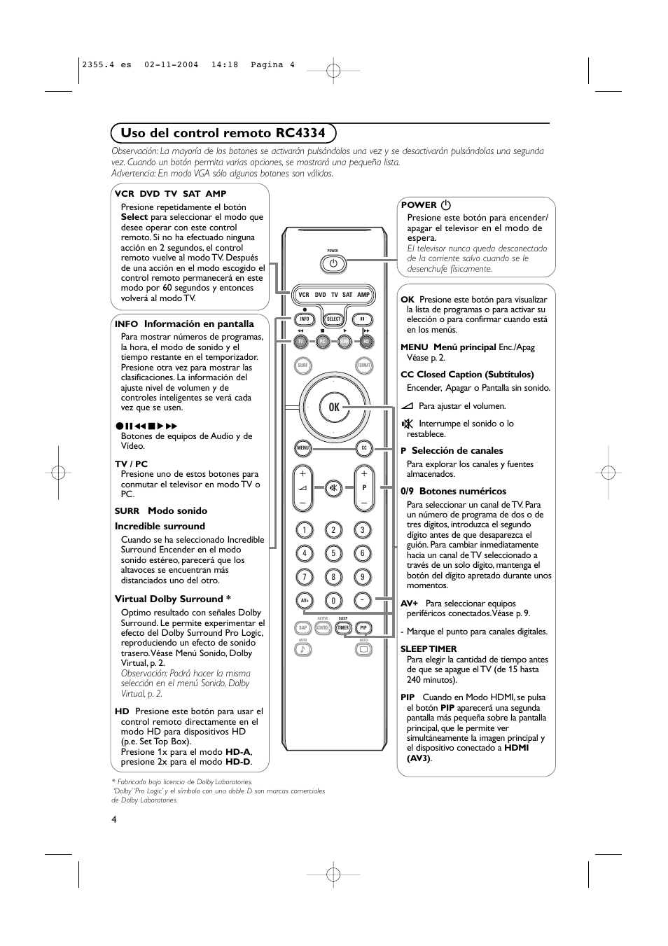 Uso del control remoto rc4334 | Philips 37PF9936-37 User Manual | Page 48 / 64