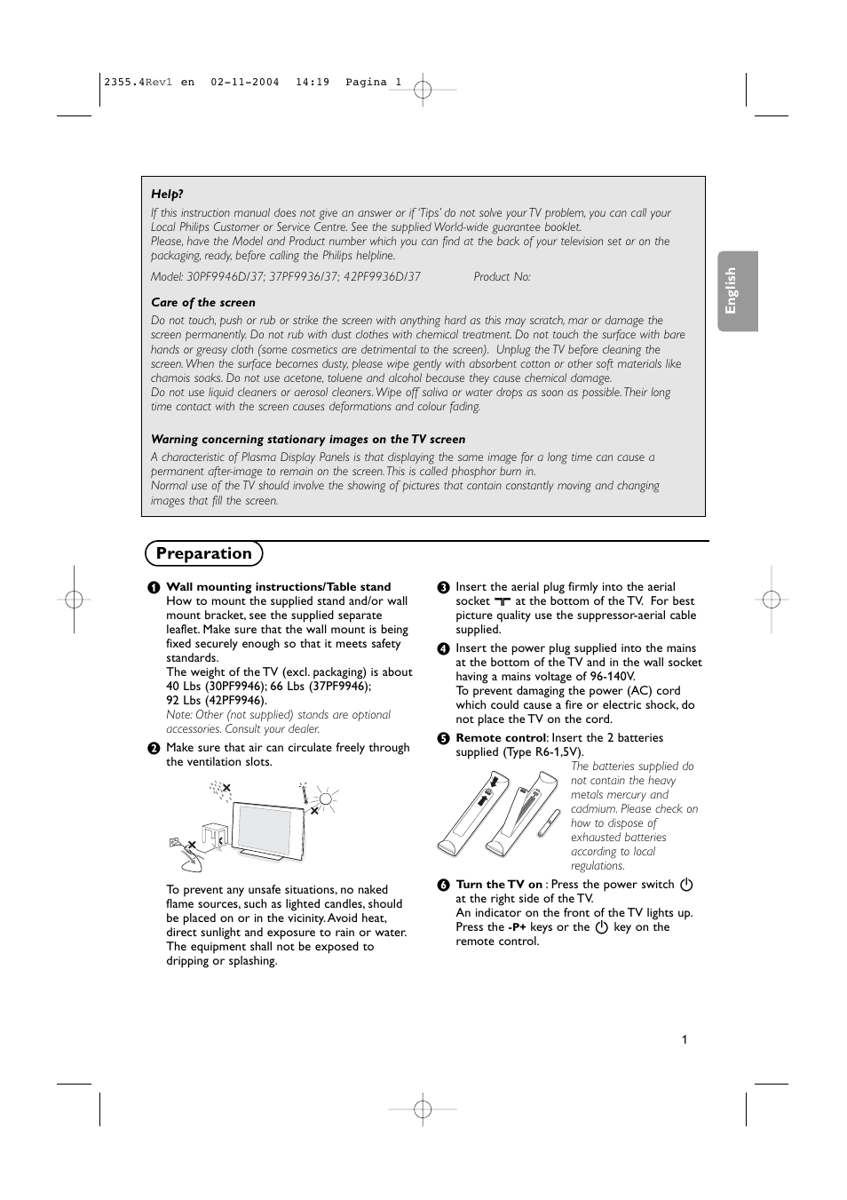 Preparation | Philips 37PF9936-37 User Manual | Page 5 / 64