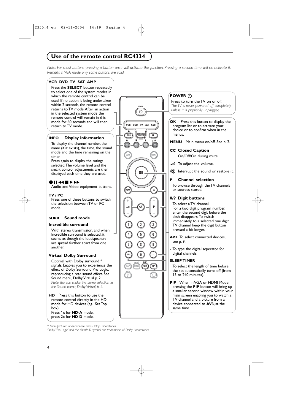 Use of the remote control rc4334 | Philips 37PF9936-37 User Manual | Page 8 / 64
