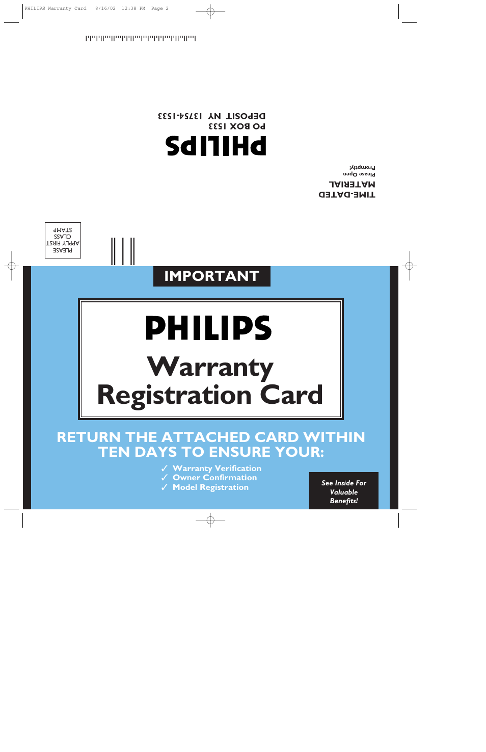 Warranty registration card, Important | Philips 202P40-94 User Manual | Page 130 / 130