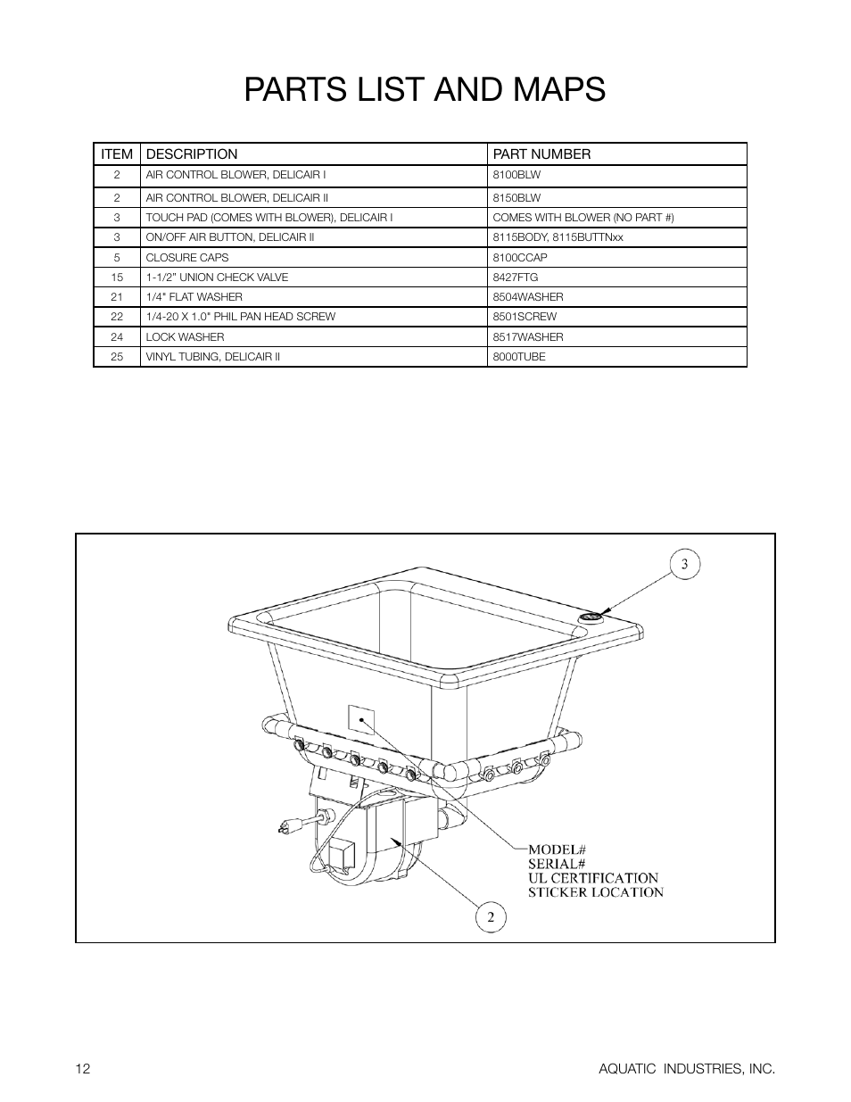 Parts list and maps | Aquatic Delicair Laundry Basin User Manual | Page 12 / 16