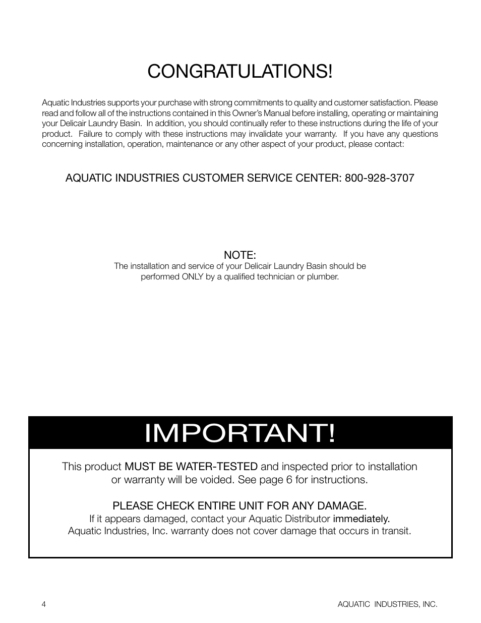 Important | Aquatic Delicair Laundry Basin User Manual | Page 4 / 16