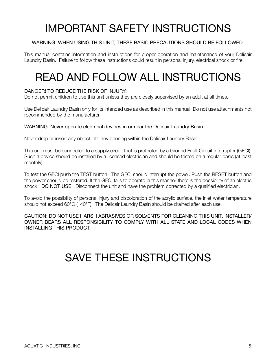 Important safety instructions, Read and follow all instructions, Save these instructions | Aquatic Delicair Laundry Basin User Manual | Page 5 / 16