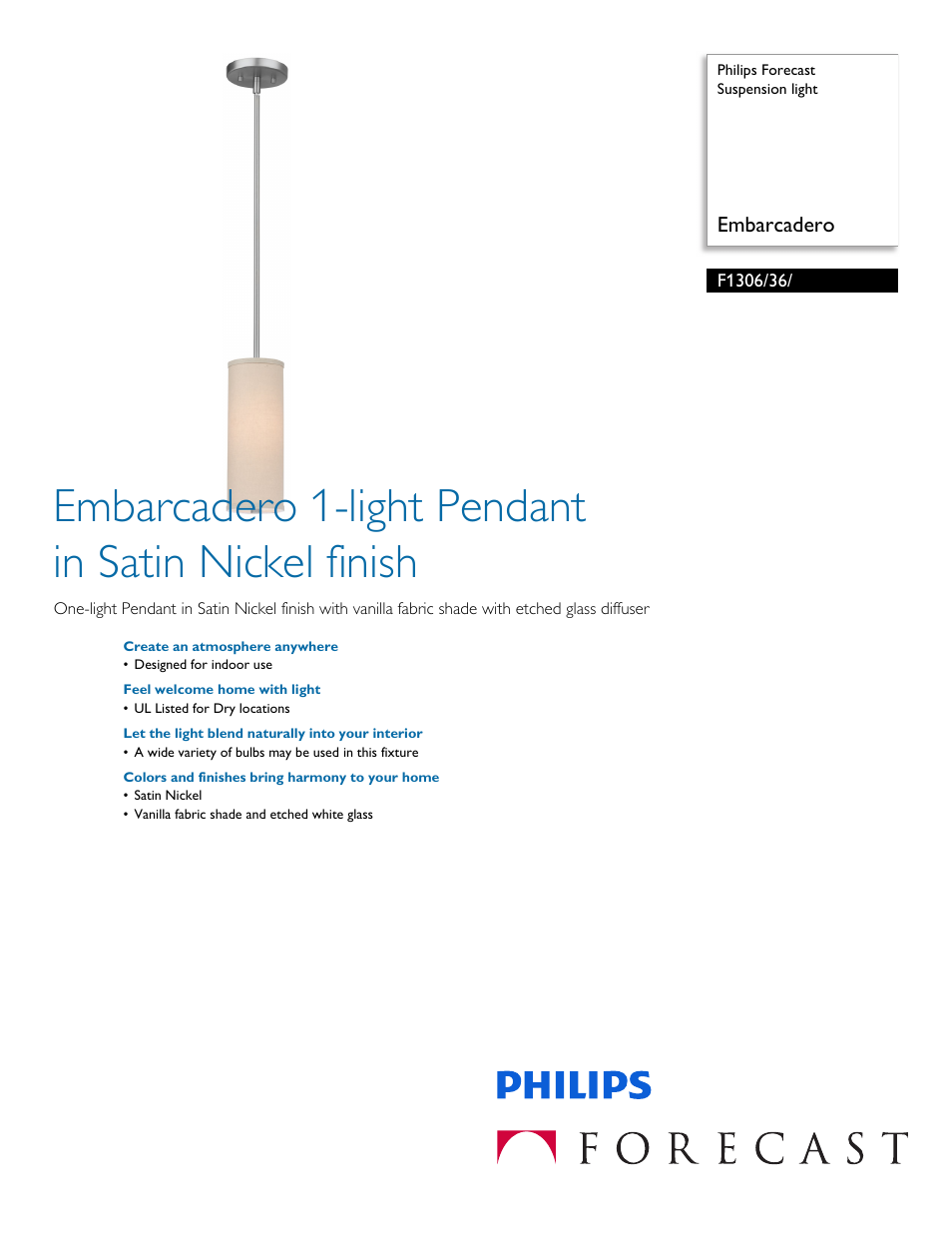 Philips Forecast Suspension light F1306-36- Embarcadero User Manual | 2 pages