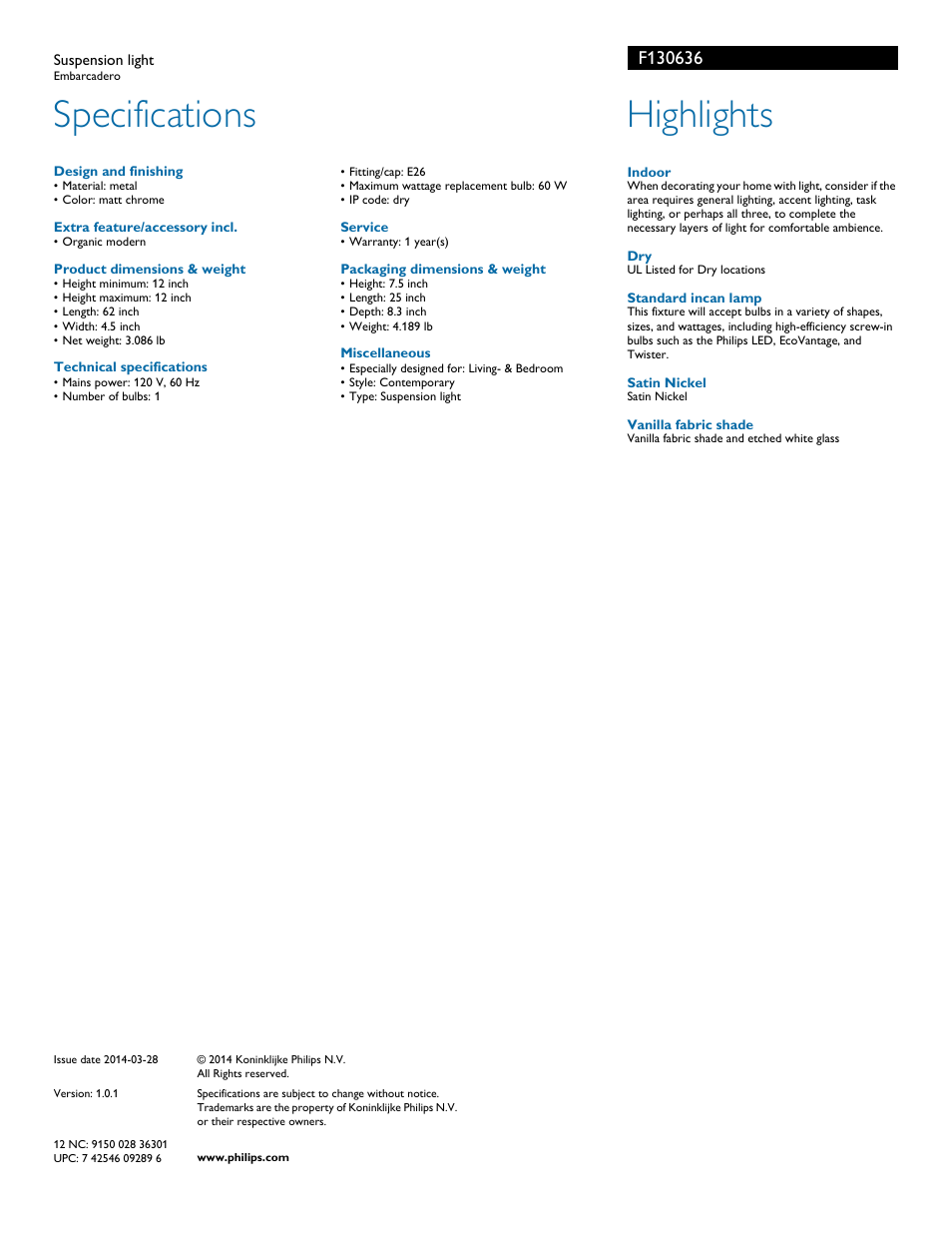 Specifications, Highlights | Philips Forecast Suspension light F1306-36- Embarcadero User Manual | Page 2 / 2