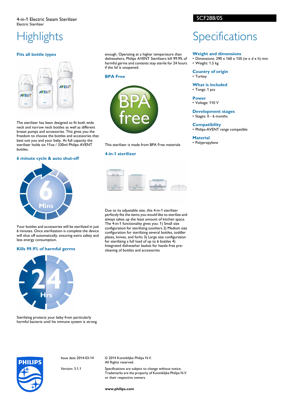 Highlights, Specifications | Philips SCF288-05 User Manual | Page 2 / 2