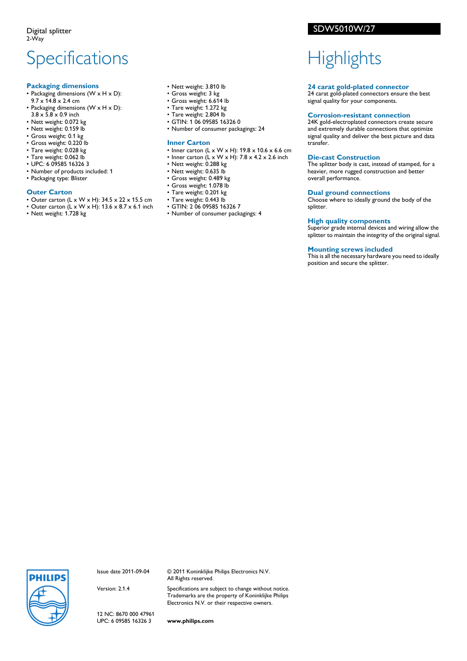 Specifications, Highlights | Philips SDW5010W-27 User Manual | Page 2 / 2