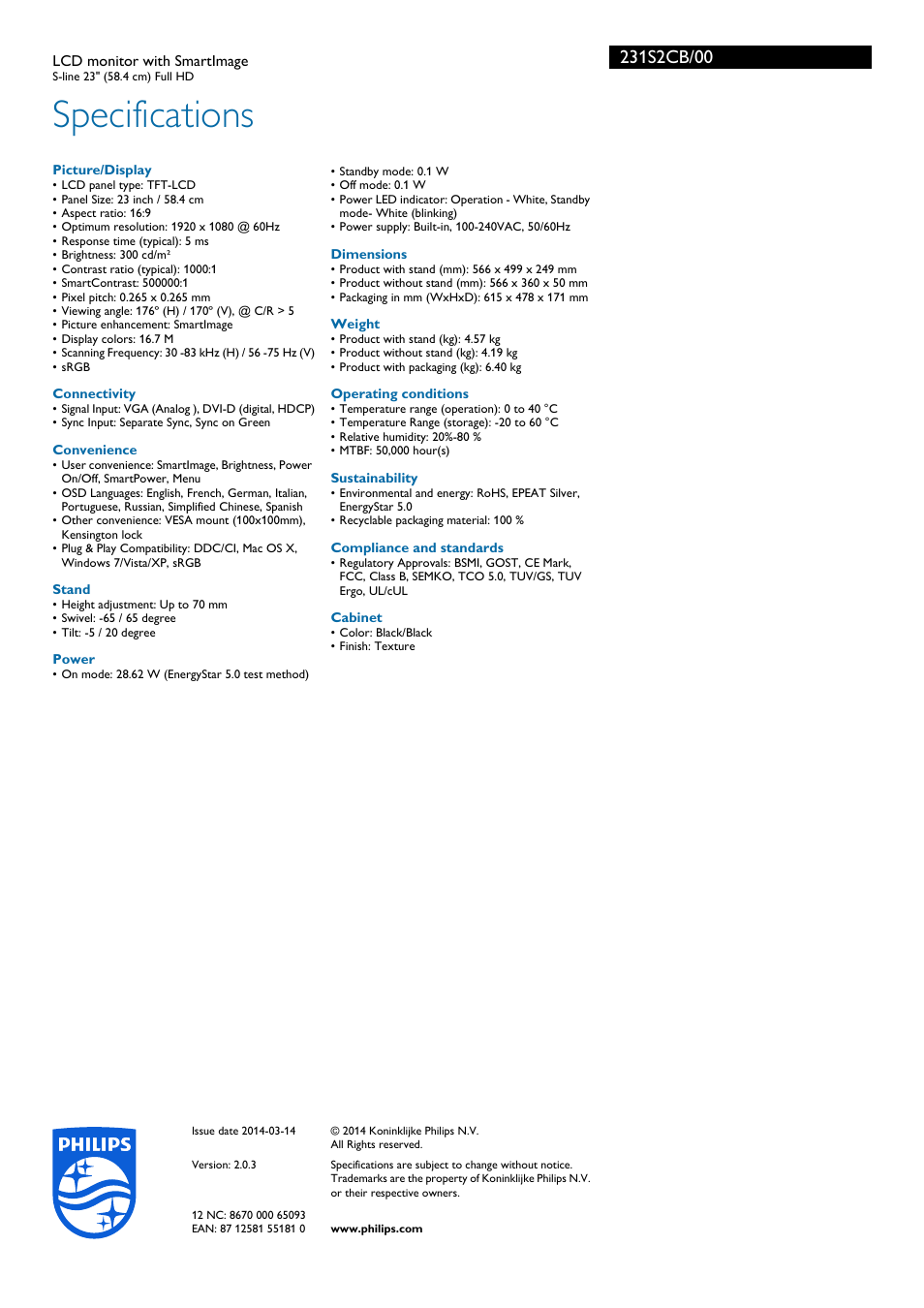 Specifications | Philips 231S2CB-00 User Manual | Page 3 / 3