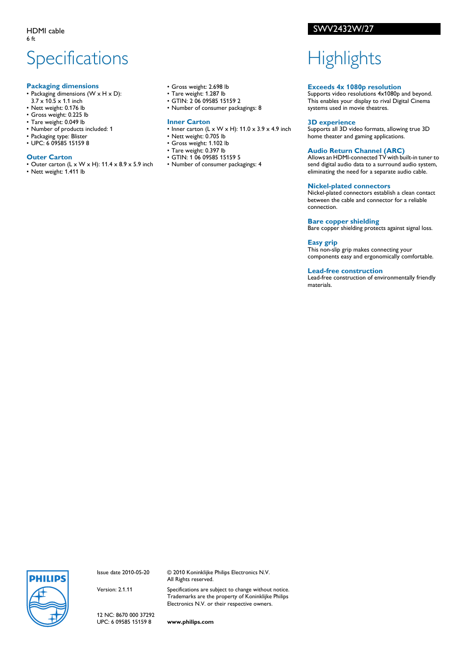 Specifications, Highlights | Philips SWV2432W-27 User Manual | Page 2 / 2