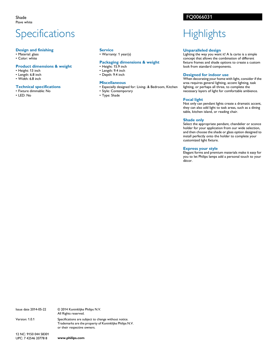 Specifications, Highlights | Philips FQ0066031 User Manual | Page 2 / 2