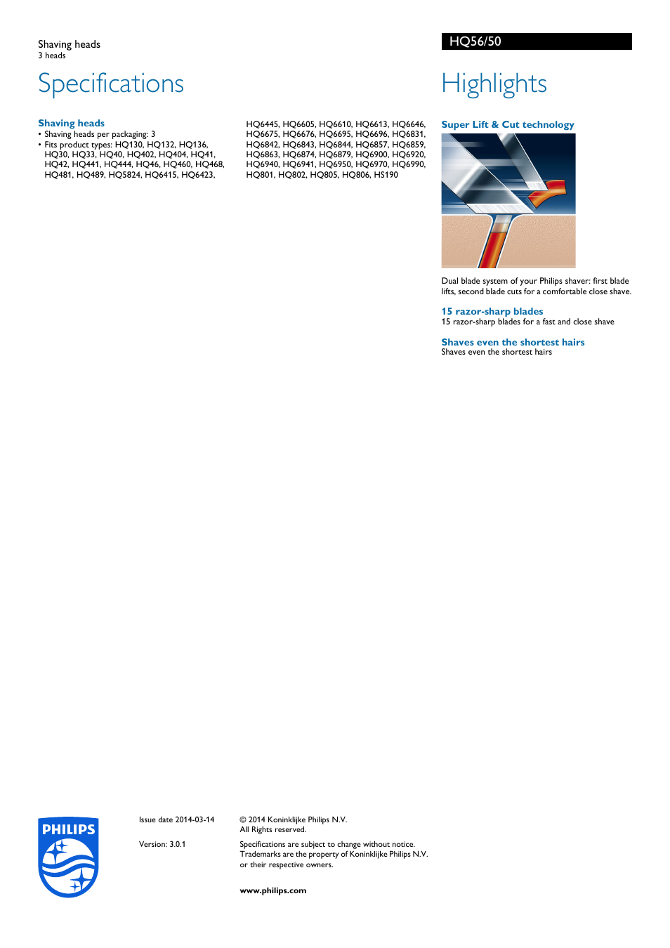 Specifications, Highlights, Hq56/50 | Philips HQ56-50 User Manual | Page 2 / 2