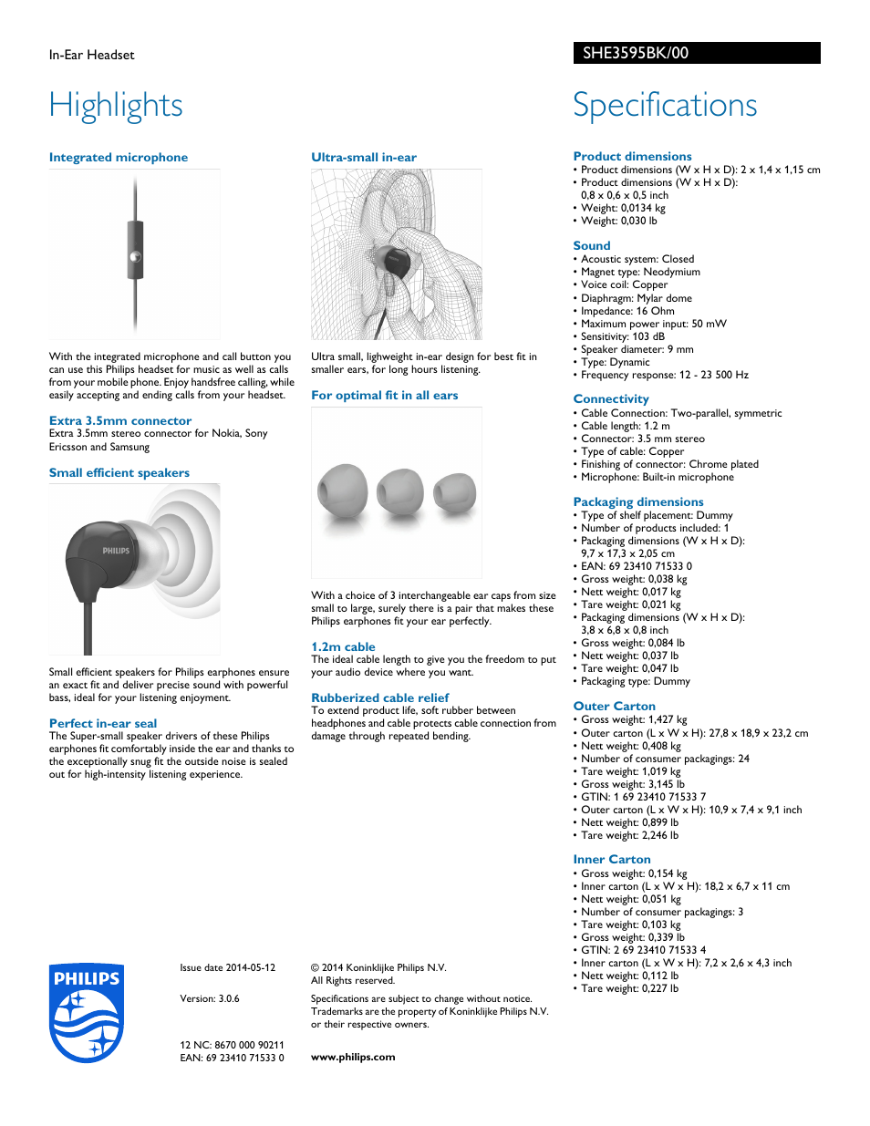 Highlights, Specifications | Philips SHE3595BK-00 User Manual | Page 2 / 2