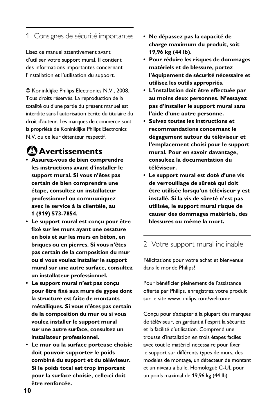 Avertissements, 1 consignes de sécurité importantes, 2 votre support mural inclinable | Philips SQM4712-27 User Manual | Page 10 / 24