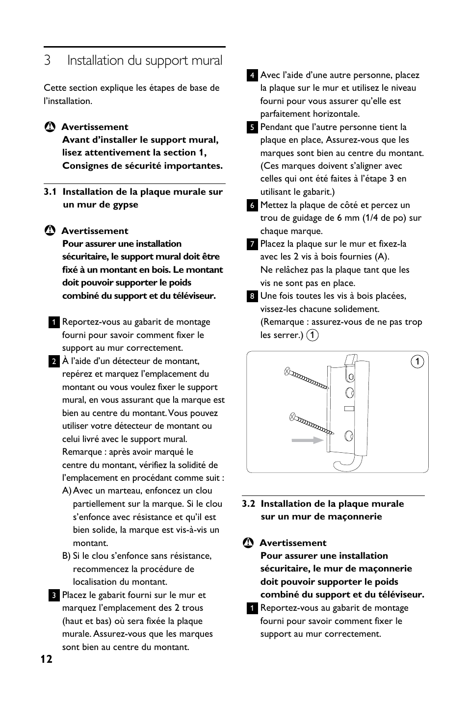 3 installation du support mural | Philips SQM4712-27 User Manual | Page 12 / 24