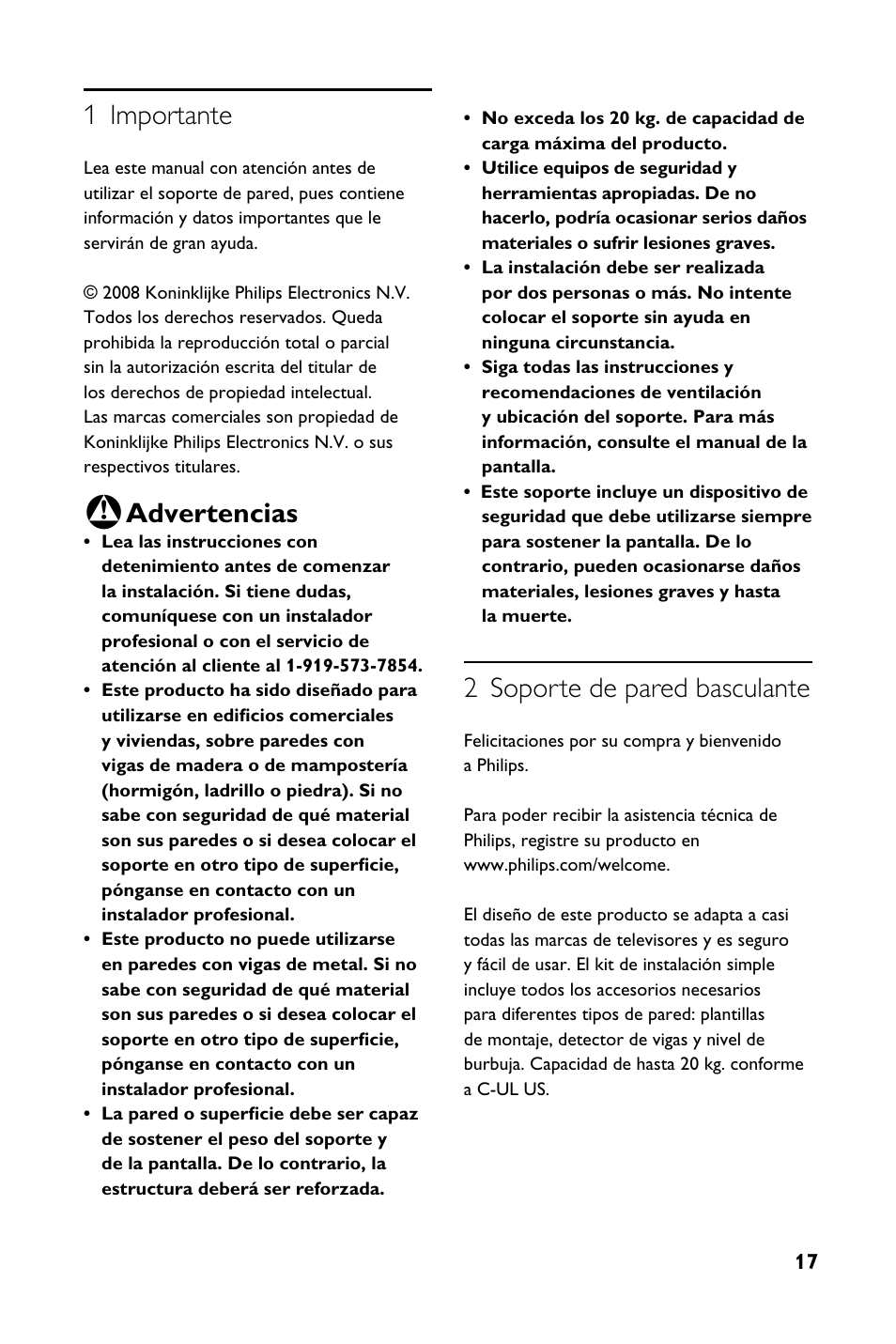 1 importante, Advertencias, 2 soporte de pared basculante | Philips SQM4712-27 User Manual | Page 17 / 24