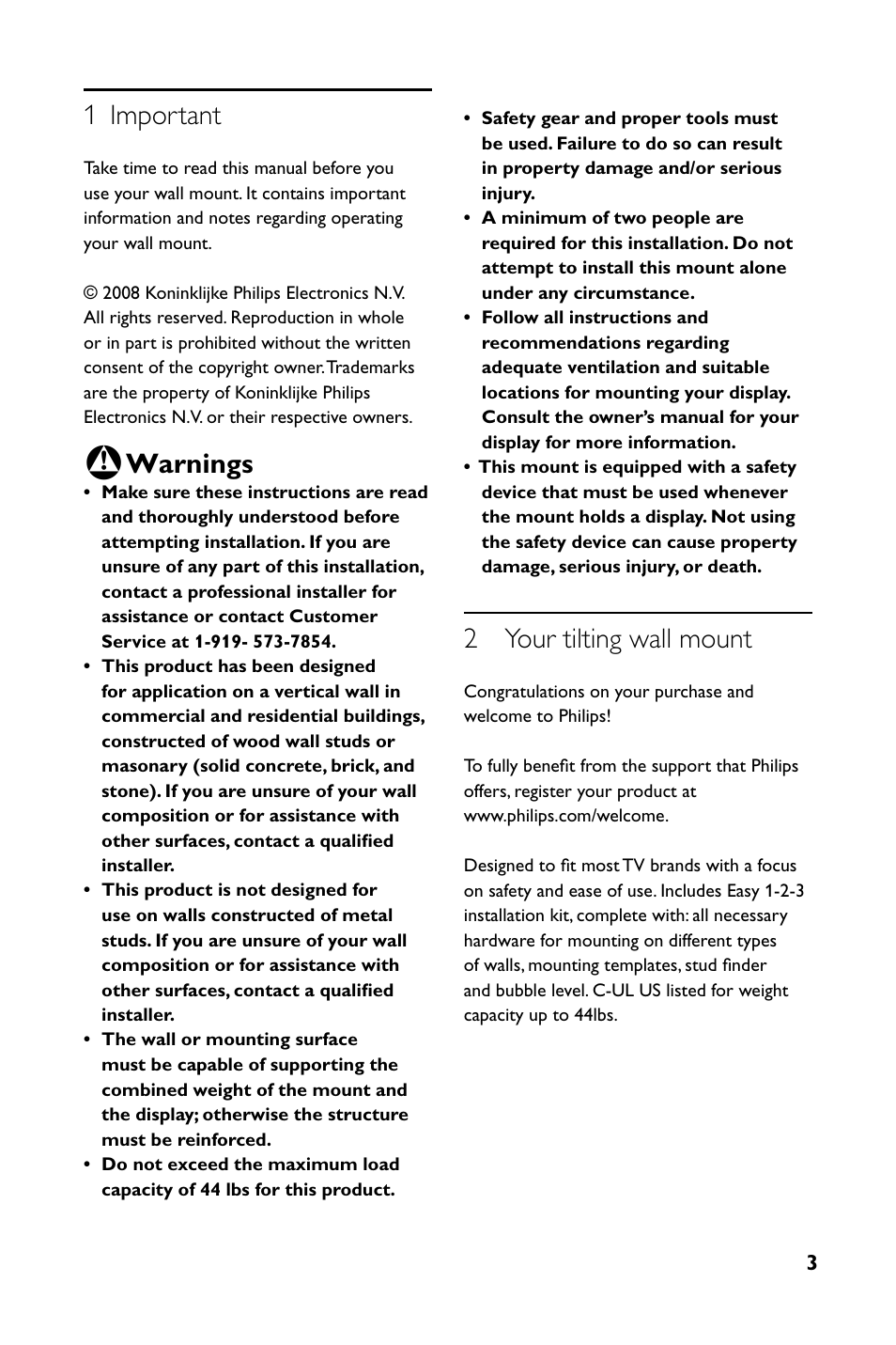 1 important, Warnings, 2 your tilting wall mount | Philips SQM4712-27 User Manual | Page 3 / 24
