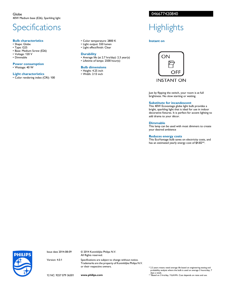 Specifications, Highlights | Philips 046677420840 User Manual | Page 2 / 2