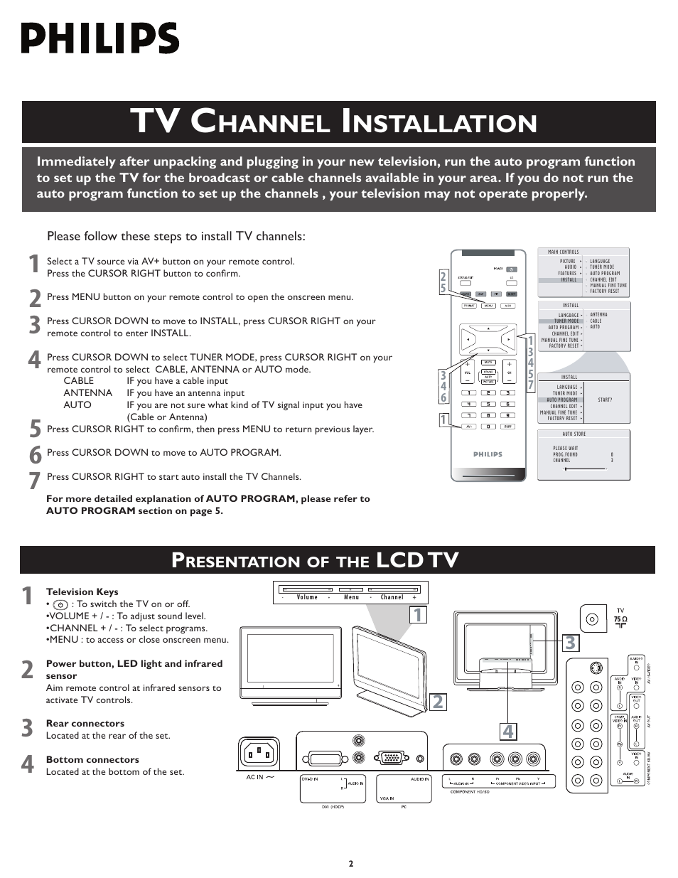 Tv c, Quick use and hookup guide, Hannel | Nstallation, Lcd tv, Resentation | Philips 23PF5320-28 User Manual | Page 2 / 10