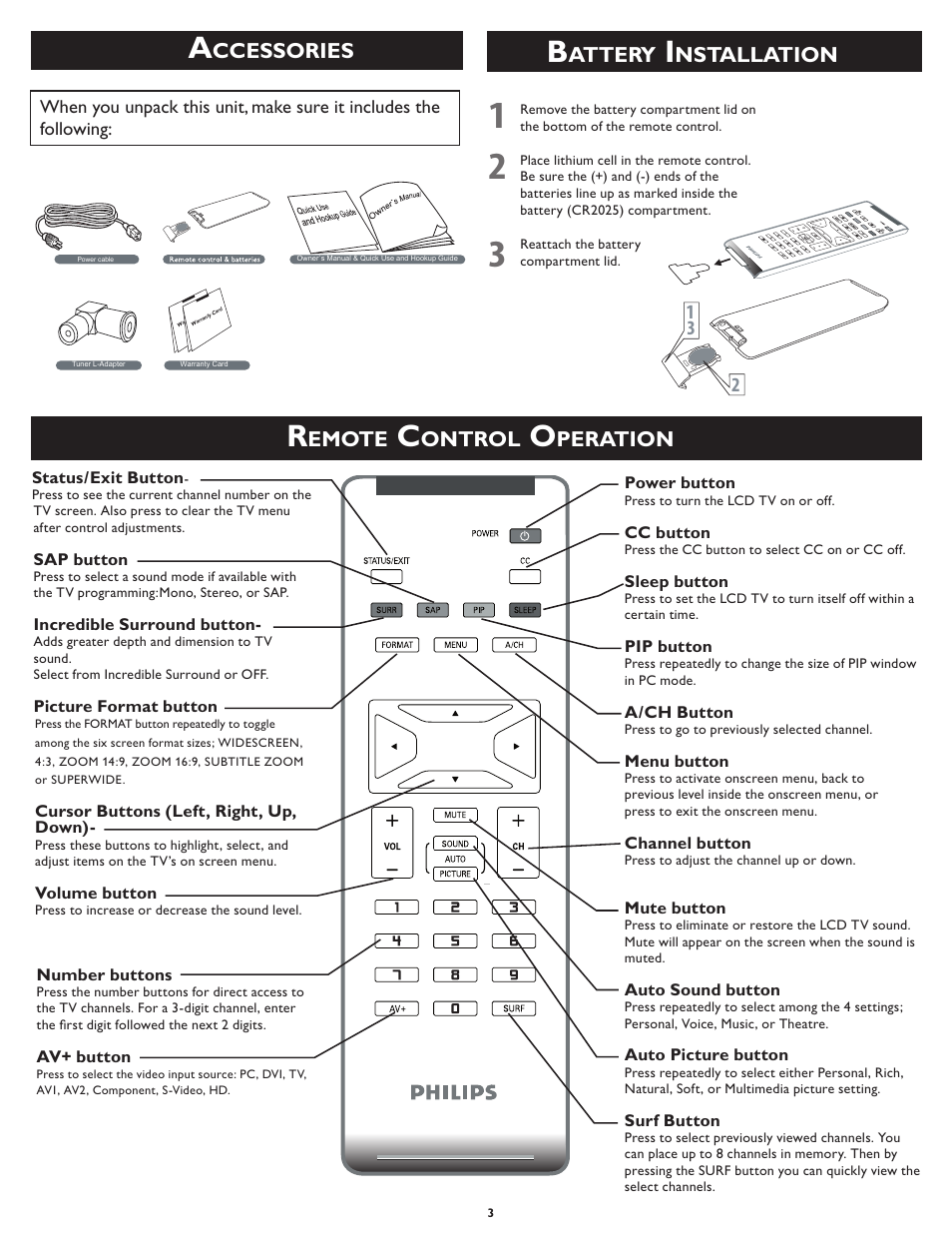 Attery, Nstallation, Emote | Ontrol, Peration, Ccessories | Philips 23PF5320-28 User Manual | Page 3 / 10
