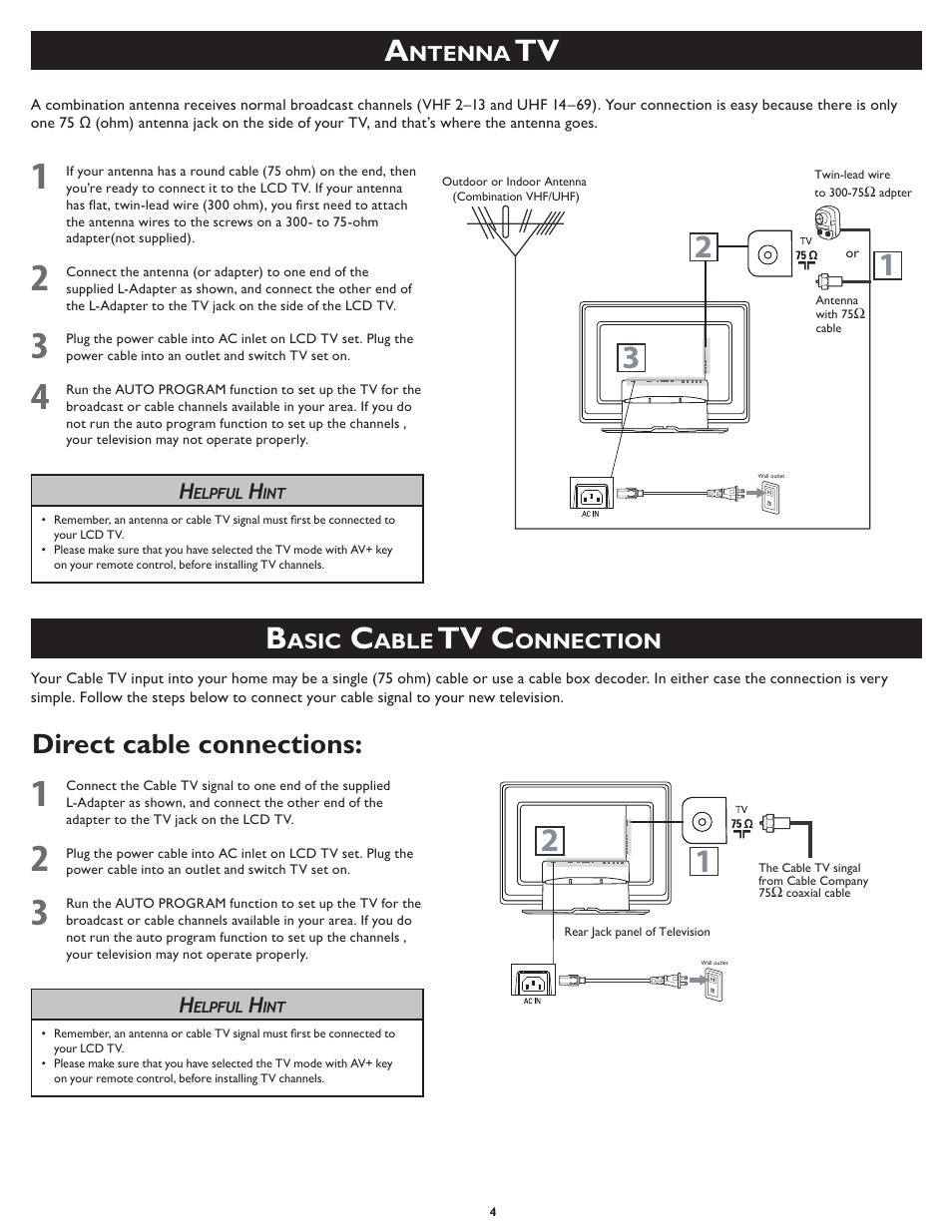 Tv c, Direct cable connections | Philips 23PF5320-28 User Manual | Page 4 / 10