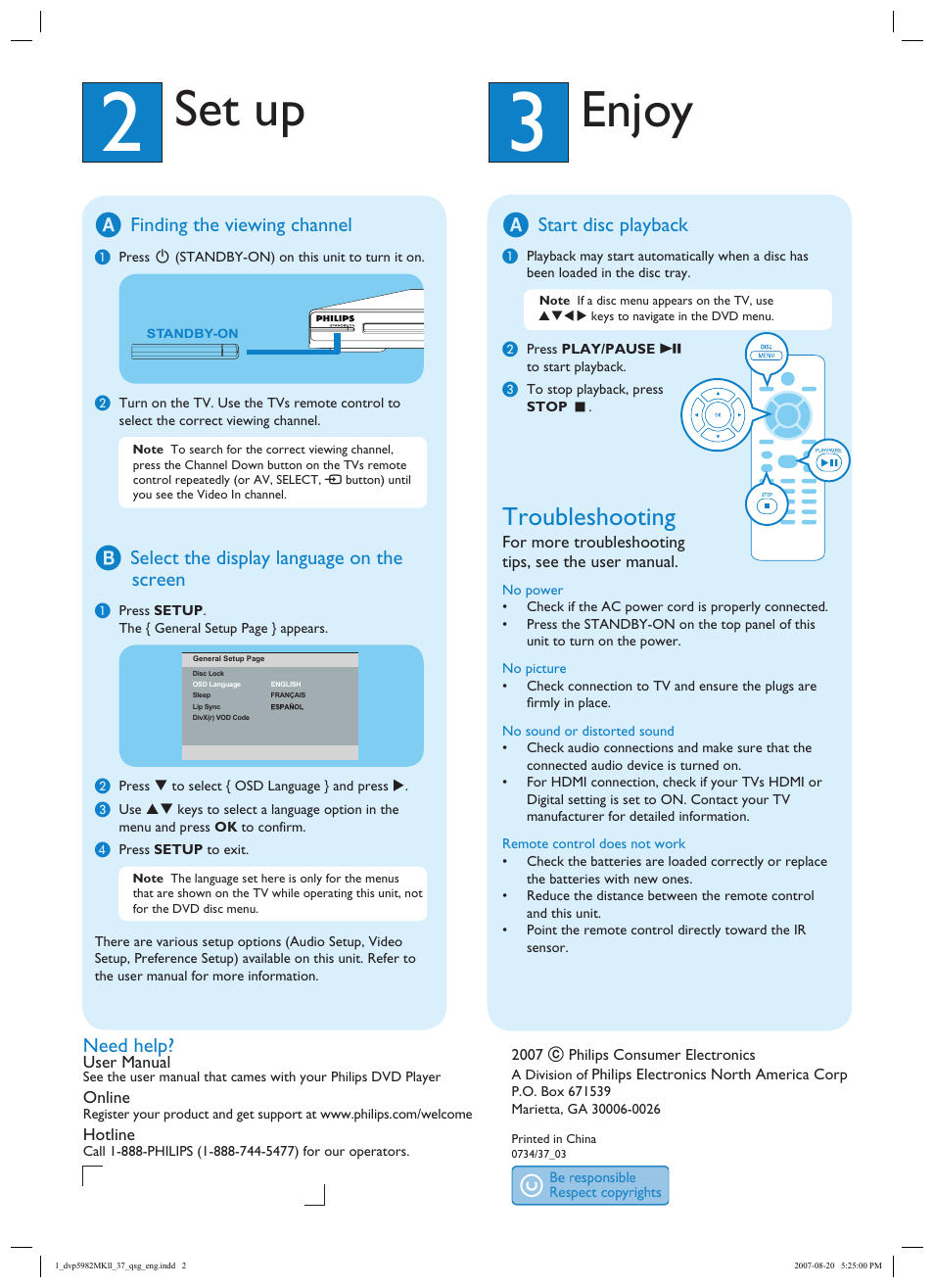 Enjoy, Set up, Troubleshooting | Finding the viewing channel, Select the display language on the screen, Need help, Start disc playback | Philips DVP5982-37 User Manual | Page 2 / 2