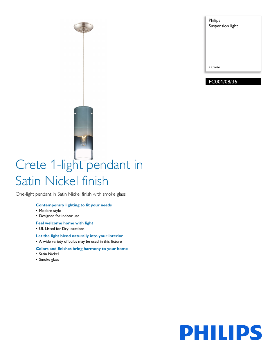 Philips Forecast Suspension light FC001-08-36 Crete User Manual | 2 pages