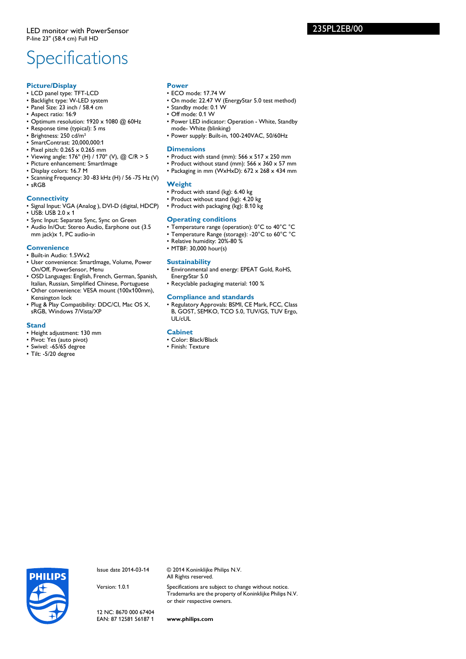 Specifications | Philips 235PL2EB-00 User Manual | Page 3 / 3