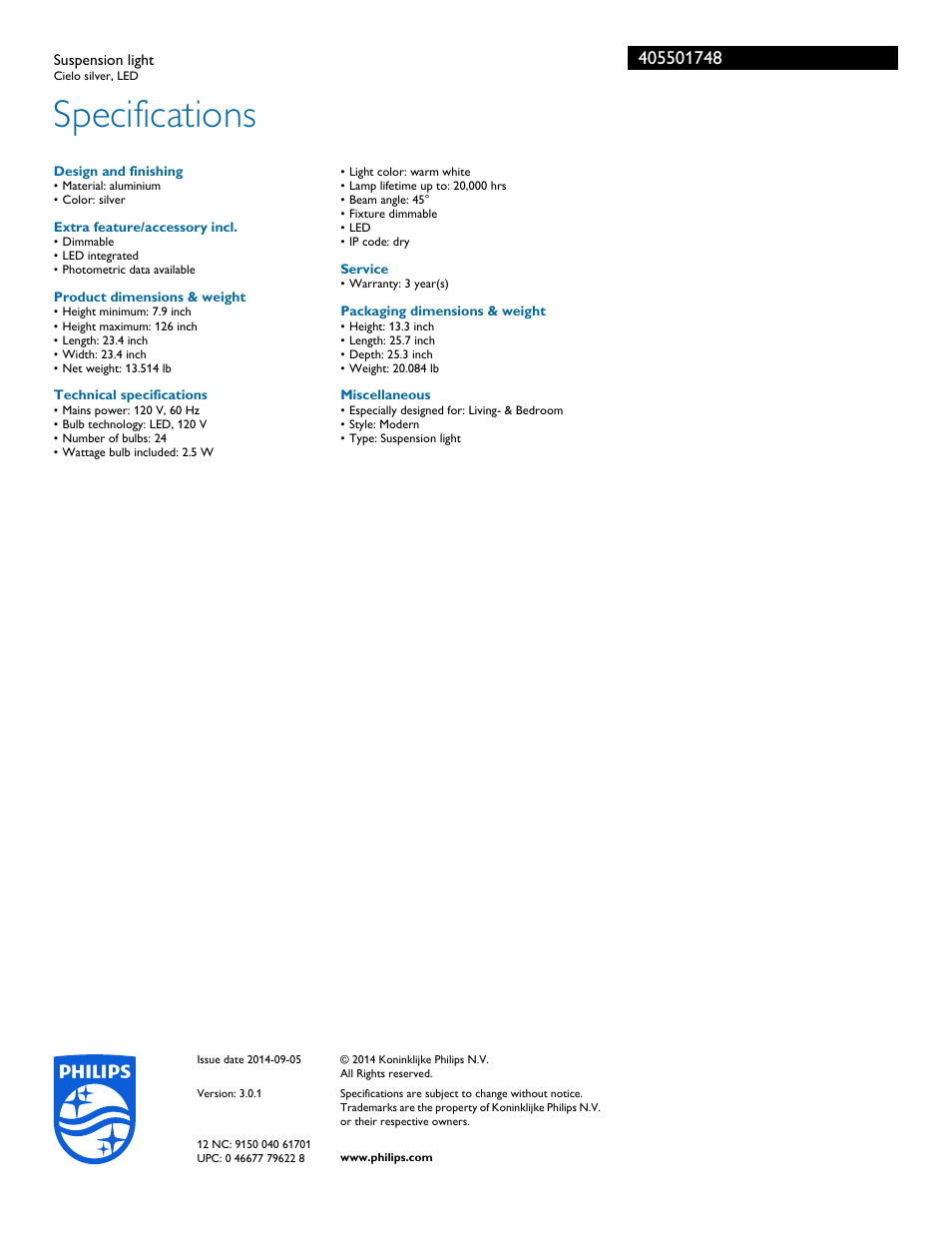 Specifications | Philips 405501748 User Manual | Page 3 / 3