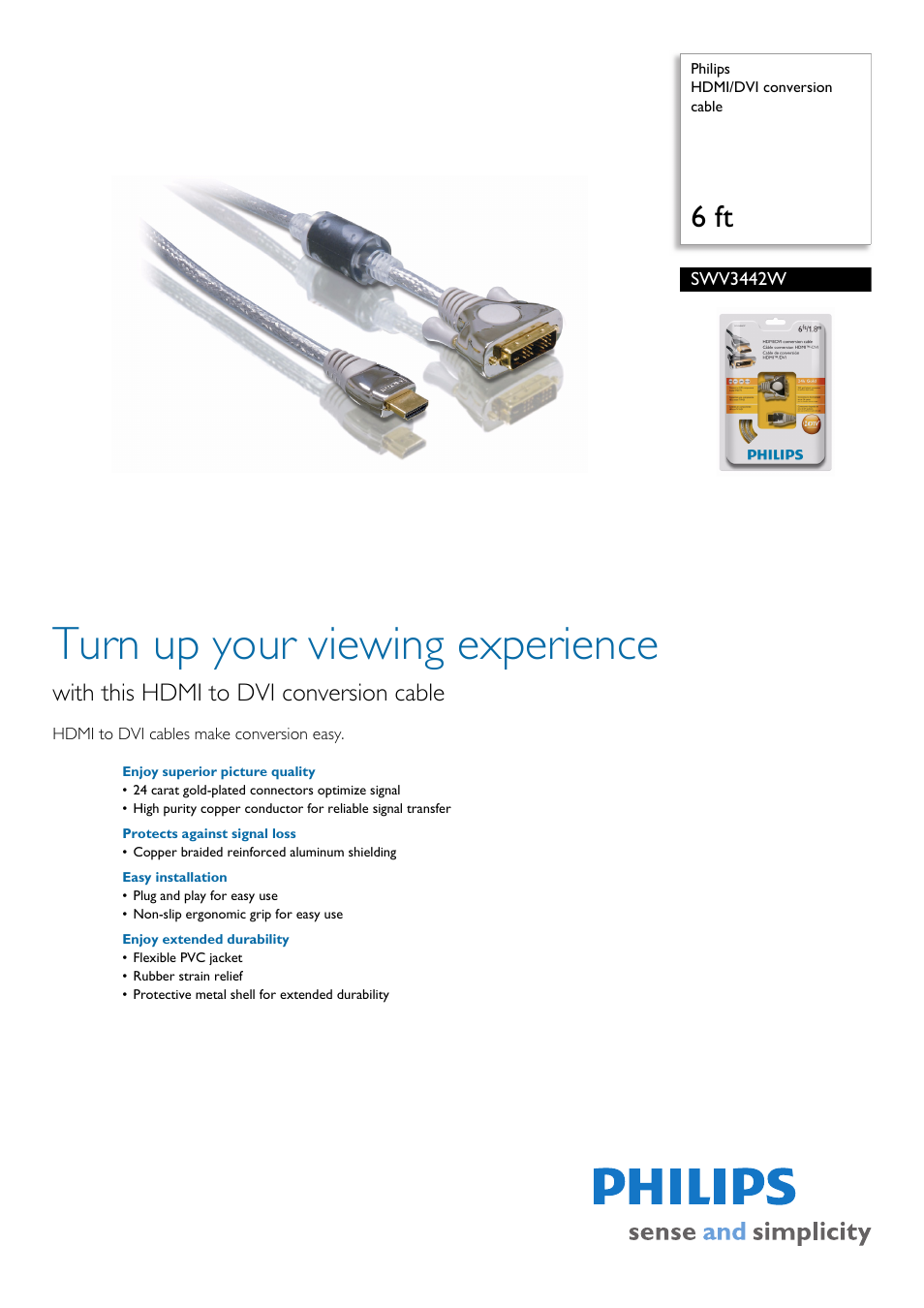 Philips HDMI-DVI conversion cable SWV3442W 6 ft User Manual | 2 pages