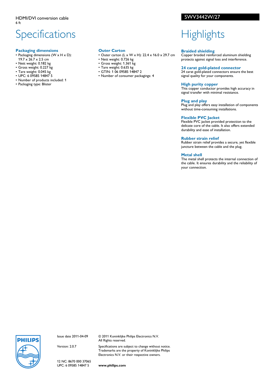 Specifications, Highlights | Philips HDMI-DVI conversion cable SWV3442W 6 ft User Manual | Page 2 / 2