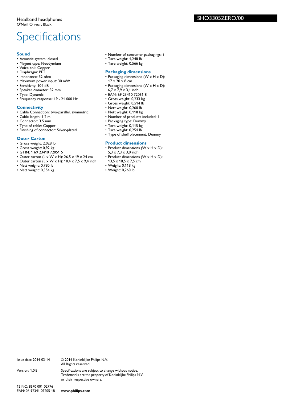 Specifications | Philips SHO3305ZERO-00 User Manual | Page 3 / 3